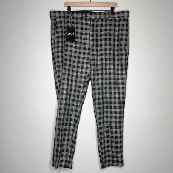 Boohoo Man Trouser‎ Pants 42R Grey Big Tall Skinny Fit Gingham Office Event - Picture 1 of 12